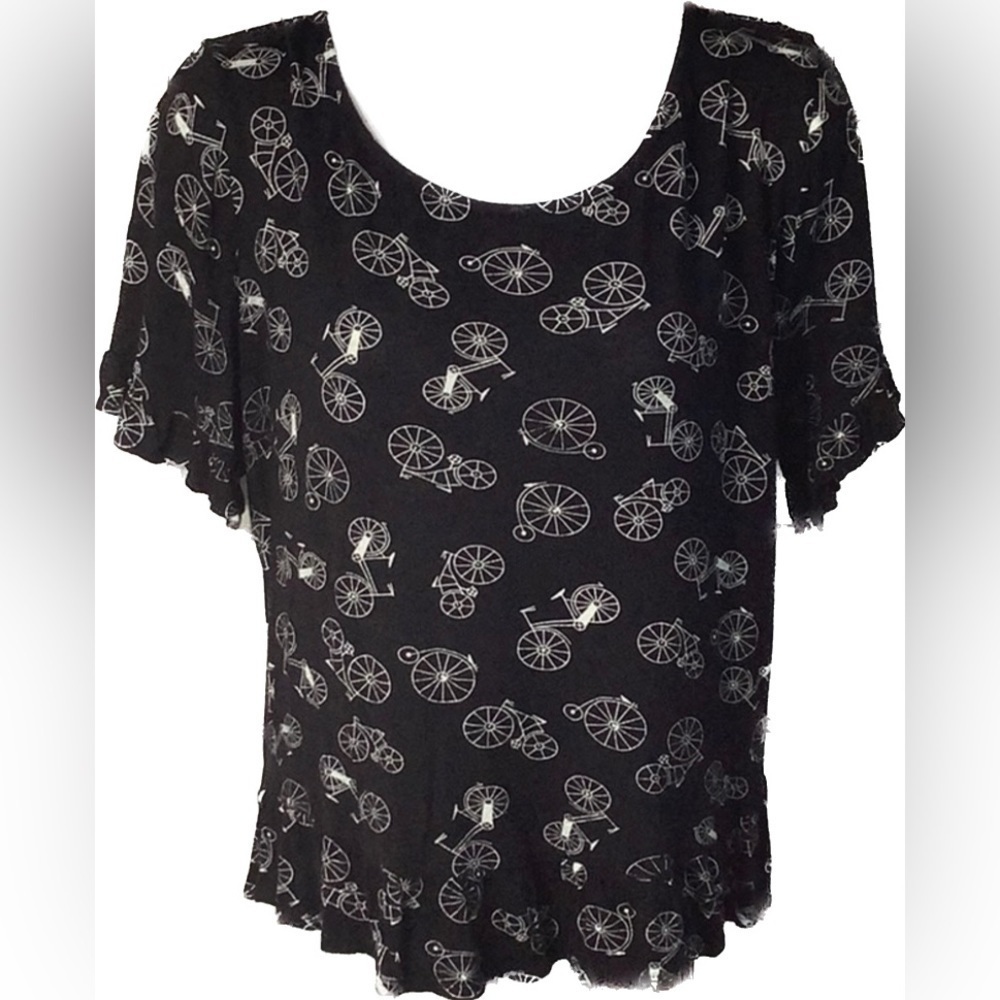 Bicycle Print Top XL Super Cute Vintage Look Ruffle Edge Blouse Silky Smooth